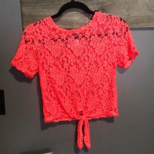 Bright Neon orange Lace Crop Top Front Knot